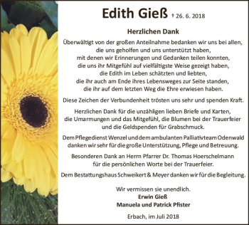 Traueranzeige von Edith Gieß von vrm-trauer