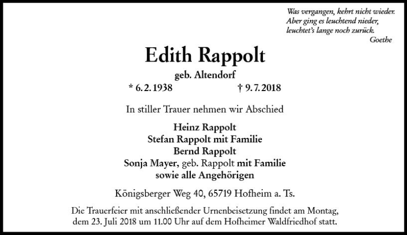  Traueranzeige für Edith Rappolt vom 13.07.2018 aus vrm-trauer