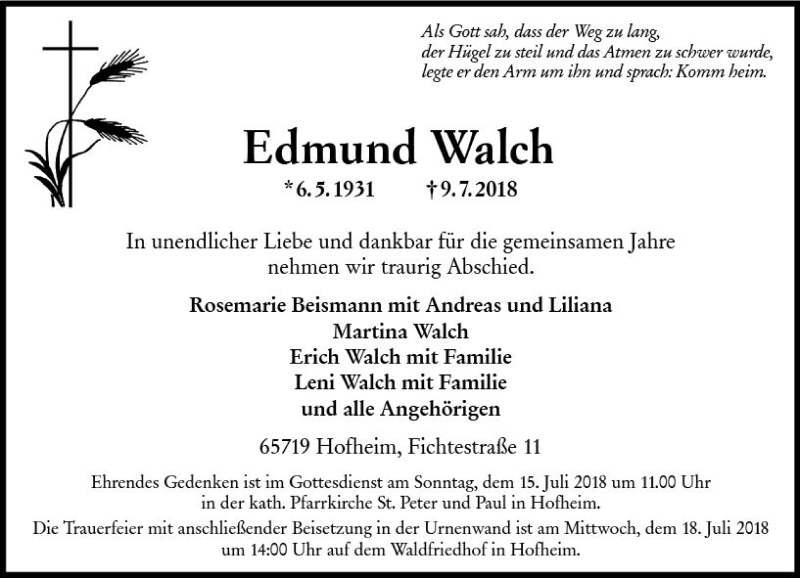  Traueranzeige für Edmund Walch vom 13.07.2018 aus vrm-trauer