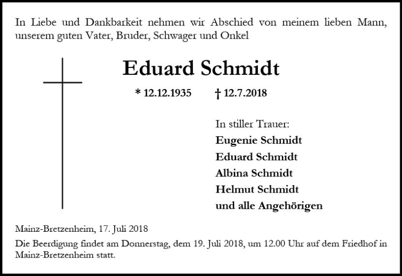  Traueranzeige für Eduard Schmidt vom 17.07.2018 aus vrm-trauer