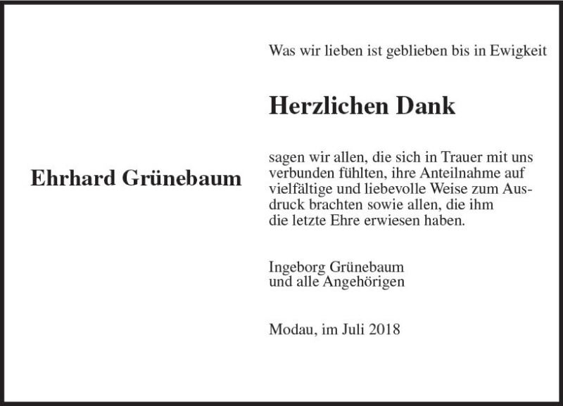  Traueranzeige für Ehrhard Grünebaum vom 28.07.2018 aus vrm-trauer