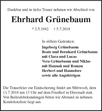 Traueranzeige von Ehrhard Grünebaum von vrm-trauer