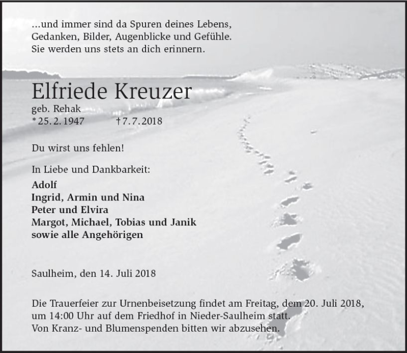  Traueranzeige für Elfriede Kreuzer vom 14.07.2018 aus vrm-trauer