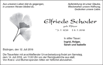 Traueranzeige von Elfriede Schoder von  Kreisanzeiger
