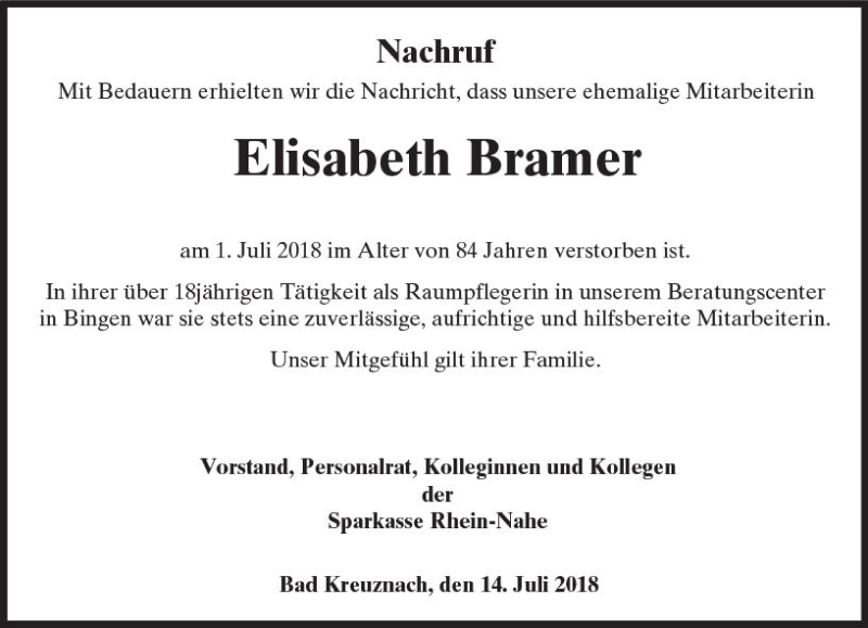  Traueranzeige für Elisabeth Bramer vom 14.07.2018 aus vrm-trauer