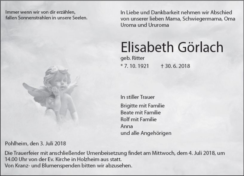  Traueranzeige für Elisabeth Görlach vom 03.07.2018 aus  Gießener Anzeiger