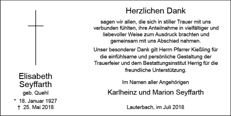  Traueranzeige für Elisabeth Seyffarth vom 04.07.2018 aus VRM Trauer