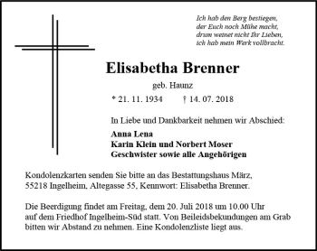 Traueranzeige von Elisabetha Brenner von vrm-trauer