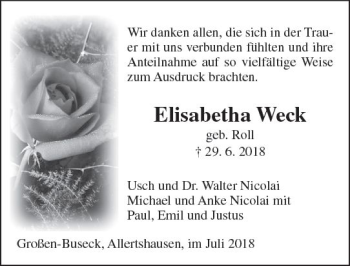 Traueranzeige von Elisabetha Weck von  Gießener Anzeiger