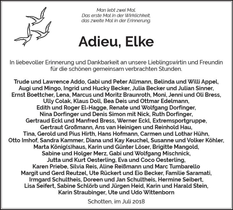  Traueranzeige für Elke  vom 14.07.2018 aus  Kreisanzeiger