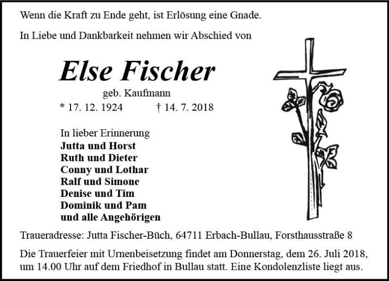  Traueranzeige für Else Fischer vom 21.07.2018 aus vrm-trauer