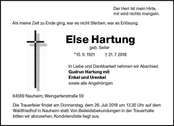 Traueranzeige von Else Hartung von vrm-trauer