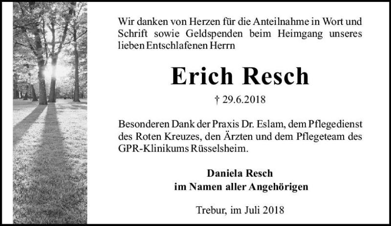  Traueranzeige für Erich Resch vom 21.07.2018 aus vrm-trauer