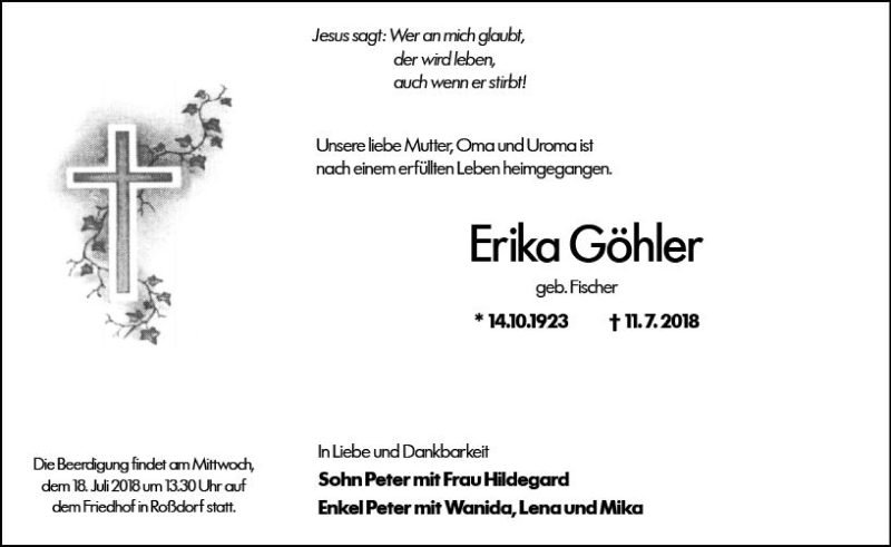  Traueranzeige für Erika Göhler vom 14.07.2018 aus vrm-trauer