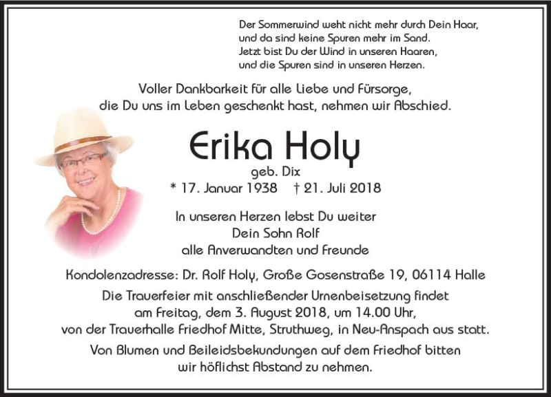  Traueranzeige für Erika Holy vom 31.07.2018 aus  Usinger Anzeiger