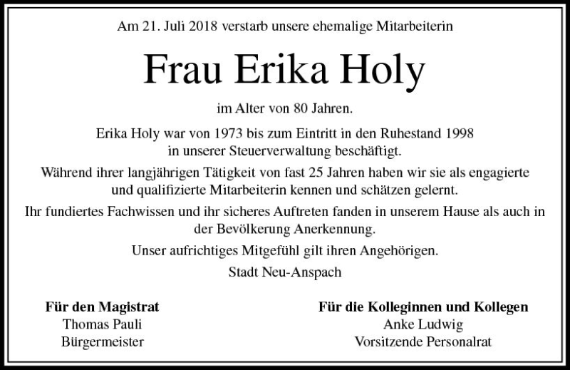  Traueranzeige für Erika Holy vom 31.07.2018 aus  Usinger Anzeiger
