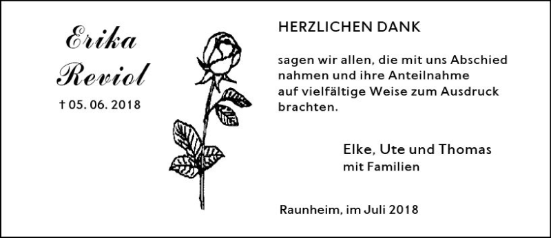  Traueranzeige für Erika Reviol vom 14.07.2018 aus vrm-trauer