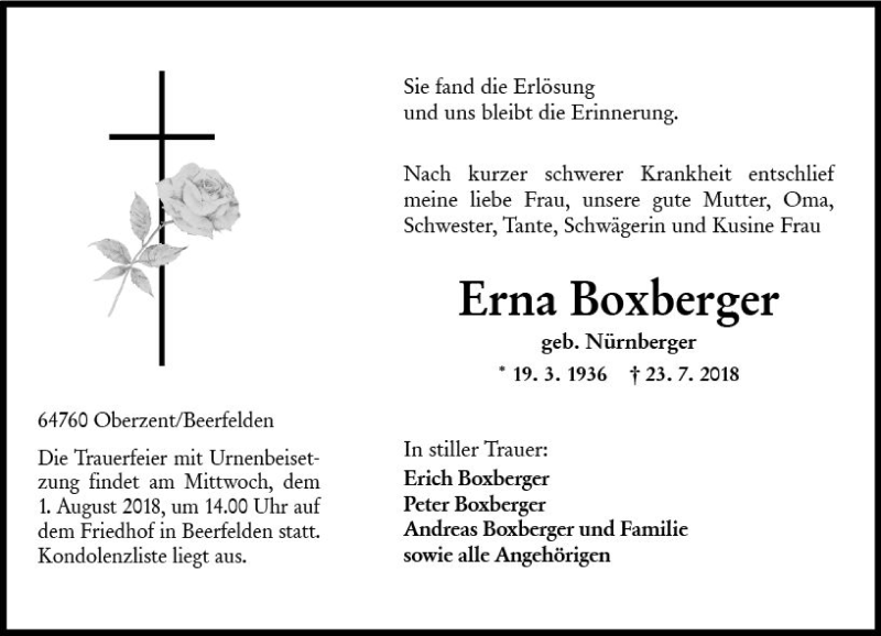  Traueranzeige für Erna Boxberger vom 28.07.2018 aus vrm-trauer