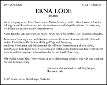 Traueranzeige von Erna Lode von vrm-trauer