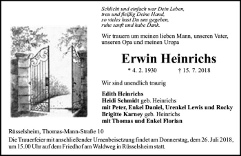 Traueranzeige von Erwin Heinrichs von vrm-trauer