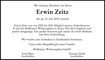 Traueranzeige von Erwin Zeitz von vrm-trauer