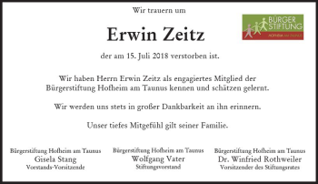 Traueranzeige von Erwin Zeitz von vrm-trauer