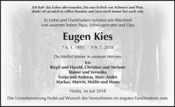 Traueranzeige von Eugen Kies von  Kreisanzeiger