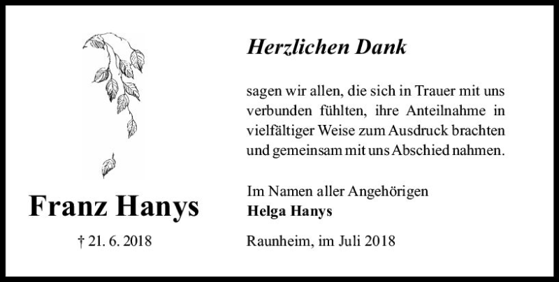  Traueranzeige für Franz Hanys vom 14.07.2018 aus vrm-trauer