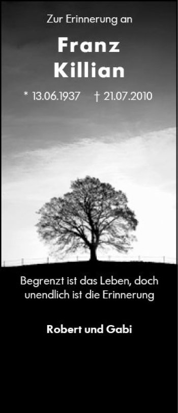 Traueranzeige von Franz Killian von vrm-trauer
