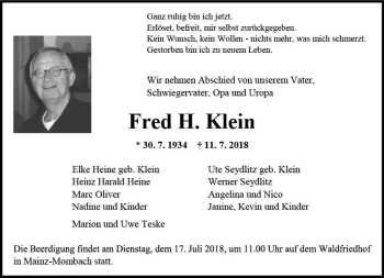 Traueranzeige von Fred H. Klein von vrm-trauer