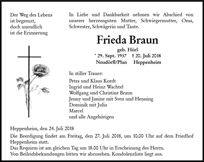  Traueranzeige für Frieda Braun vom 24.07.2018 aus vrm-trauer