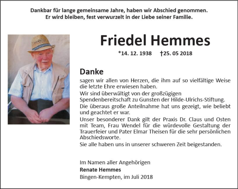  Traueranzeige für Friedel Hemmes vom 07.07.2018 aus vrm-trauer