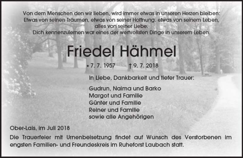  Traueranzeige für Friedel Hähmel vom 14.07.2018 aus  Kreisanzeiger