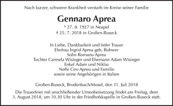 Traueranzeige von Gennaro Aprea von  Gießener Anzeiger