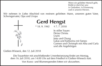 Traueranzeige von Gerd Hengst von  Gießener Anzeiger