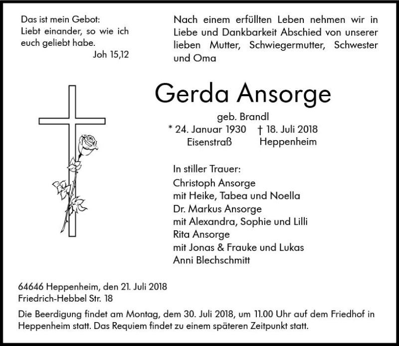  Traueranzeige für Gerda Ansorge vom 21.07.2018 aus vrm-trauer
