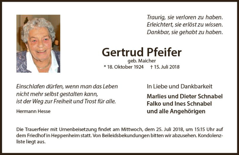 Traueranzeige für Gertrud Pfeifer vom 21.07.2018 aus vrm-trauer
