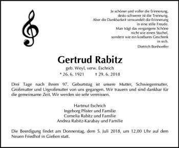 Traueranzeige von Gertrud Rabitz von  Gießener Anzeiger