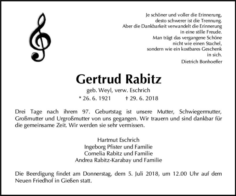  Traueranzeige für Gertrud Rabitz vom 02.07.2018 aus  Gießener Anzeiger