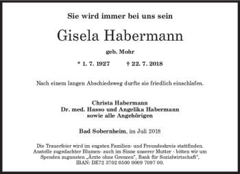 Traueranzeige von Gisela Habermann von vrm-trauer