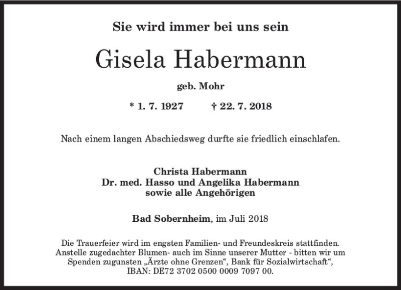  Traueranzeige für Gisela Habermann vom 27.07.2018 aus vrm-trauer