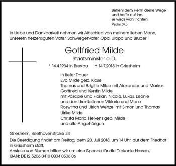 Traueranzeige von Gottfried Milde von vrm-trauer
