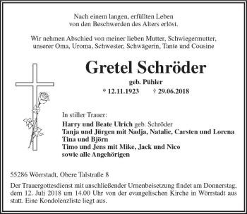 Traueranzeige von Gretel Schröder von vrm-trauer