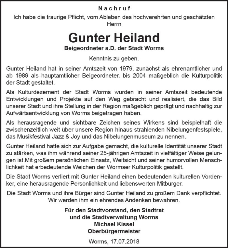  Traueranzeige für Gunter Heiland vom 19.07.2018 aus vrm-trauer