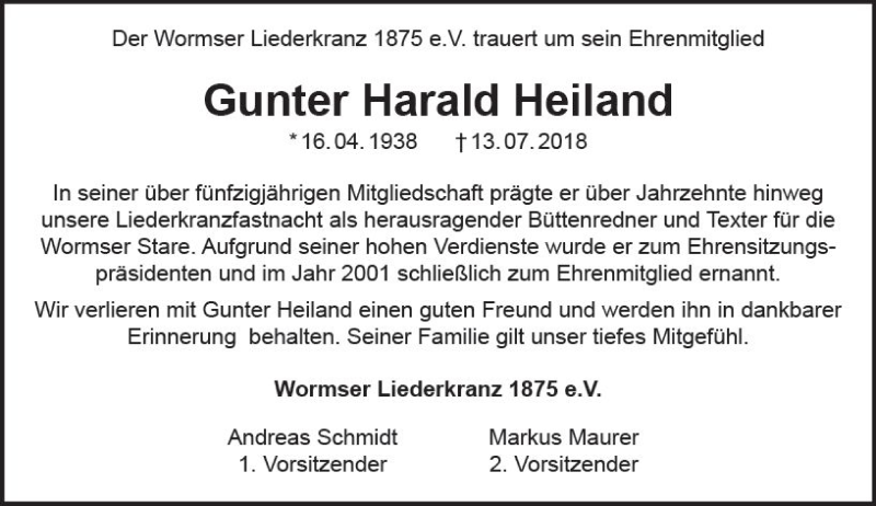  Traueranzeige für Gunter Harald Heiland vom 19.07.2018 aus vrm-trauer
