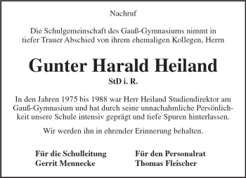 Traueranzeige von Gunter Harald Heiland von vrm-trauer