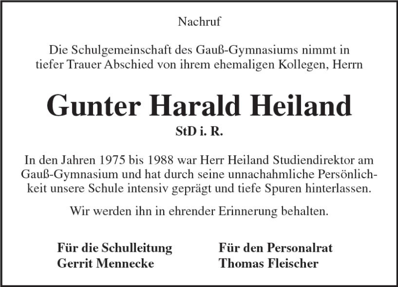  Traueranzeige für Gunter Harald Heiland vom 20.07.2018 aus vrm-trauer