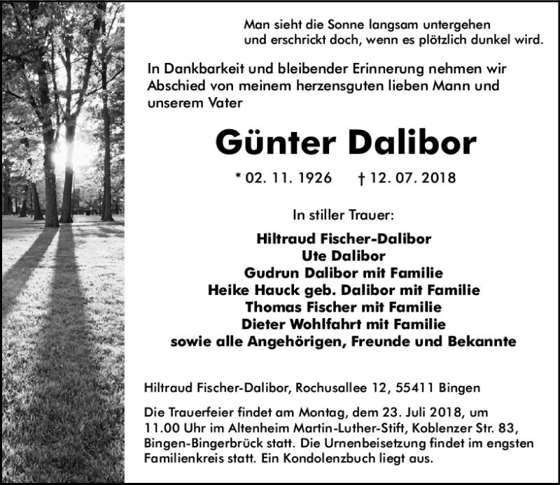  Traueranzeige für Günter Dalibor vom 17.07.2018 aus vrm-trauer