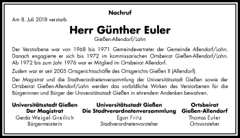 Traueranzeige von Günther Euler von  Gießener Anzeiger