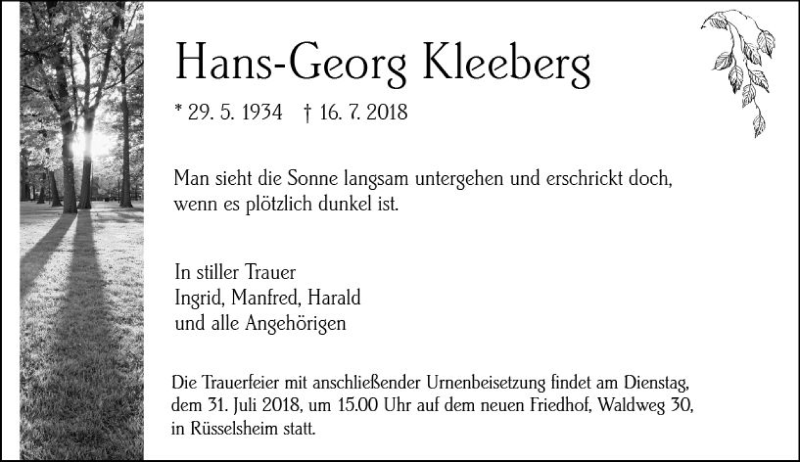  Traueranzeige für Hans-Georg Kleeberg vom 28.07.2018 aus vrm-trauer
